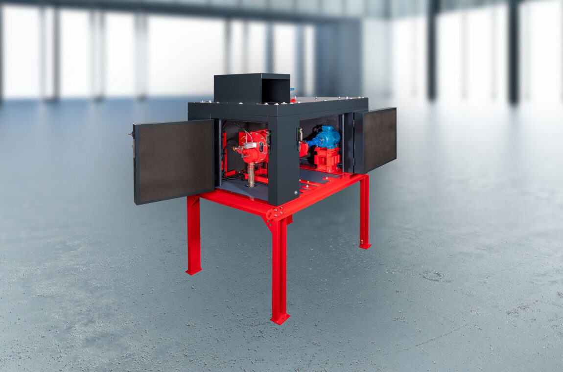 Eccentric vibrating mill ESM 234-1bs Front view of the open machine with sound insulation, door lock, motor, unbalance bearing, pneumatic discharge